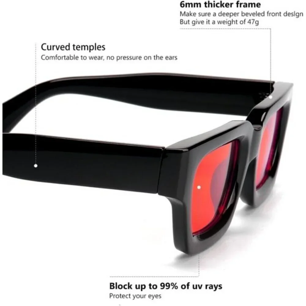 ⚡Men A-black/Red Fashion Thick Square Shades Rectangle Designer SunGlasses